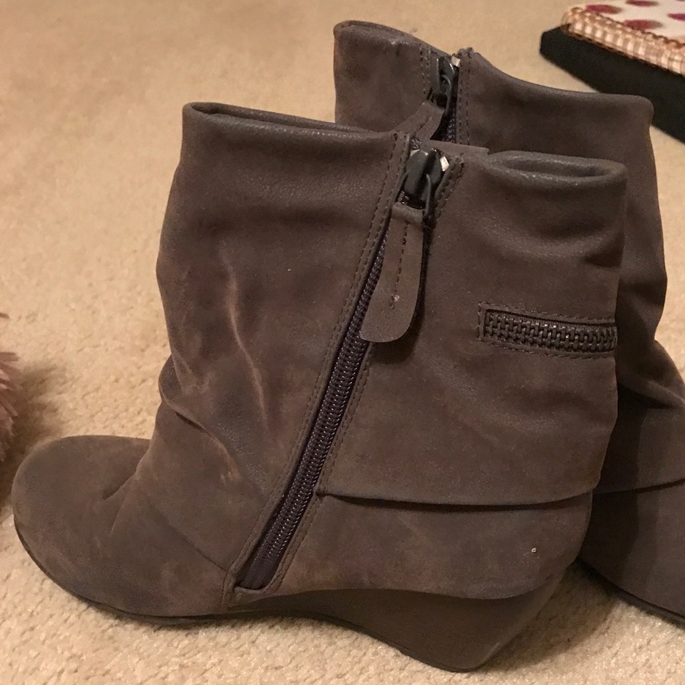 Metallic gray wedge booties